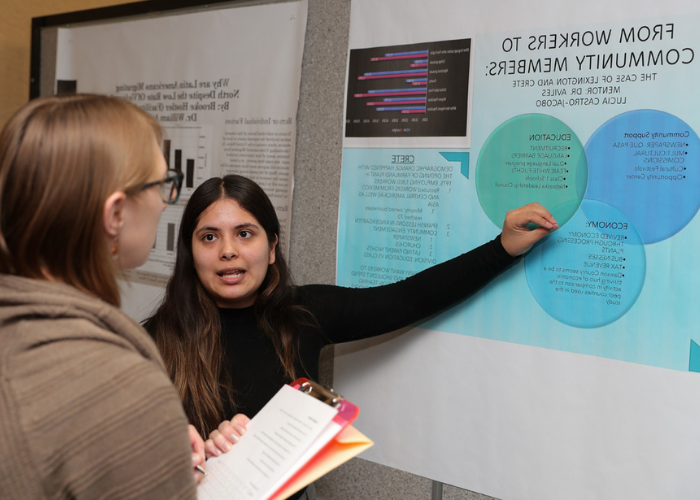 Student presenting poster at graduate research day